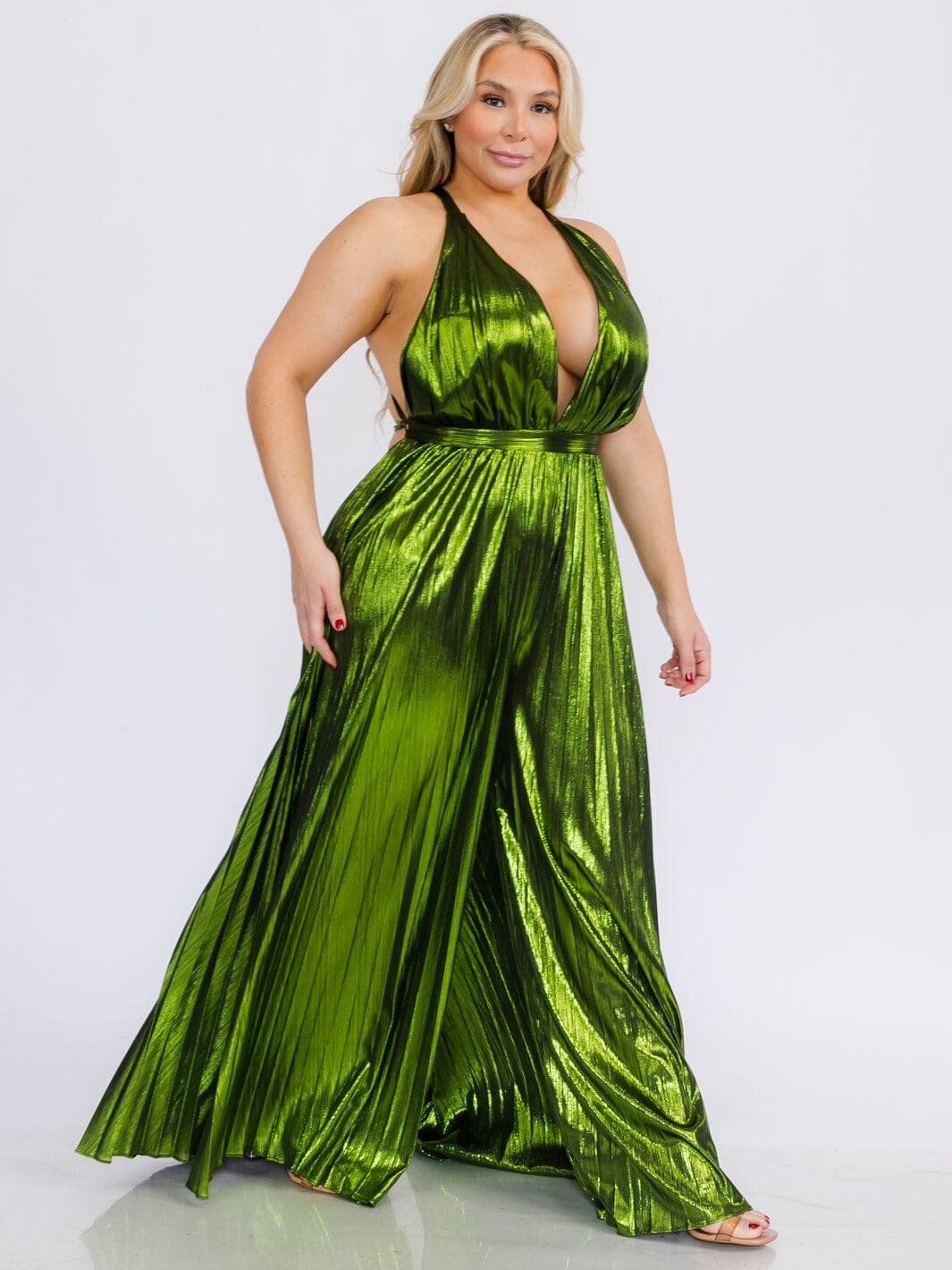 PLUS SIZE SLEEVELESS V-NECK OPEN BACK PLEATED SHIMMER WIDE LEG JUMPSUIT