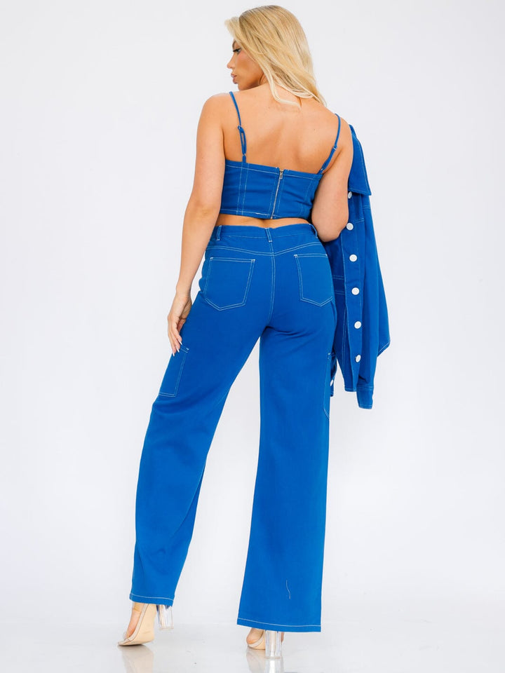 WOMEN'S SLEEVELESS CROP TOP & BUTTON CLOSURE WIDE LEG PANTS DENIM 2PC SET