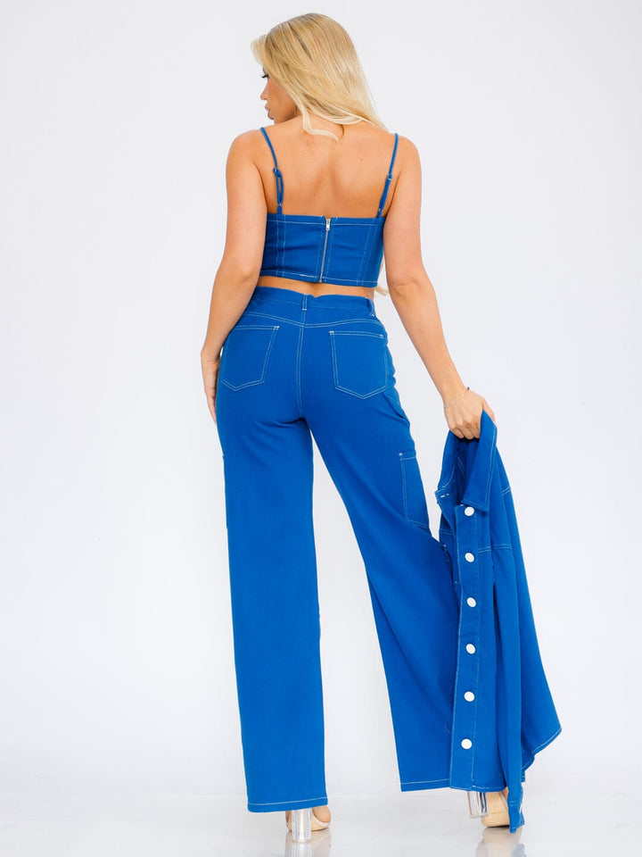 WOMEN'S SLEEVELESS ZIP UP DENIM CROP TOP