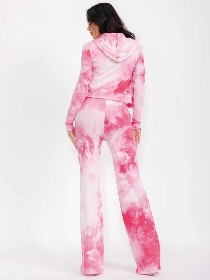 WOMEN'S LONG SLEEVE CARDIGAN WITH CROP TOP & WIDE LEG PANTS TIE DYE 3PC. SET