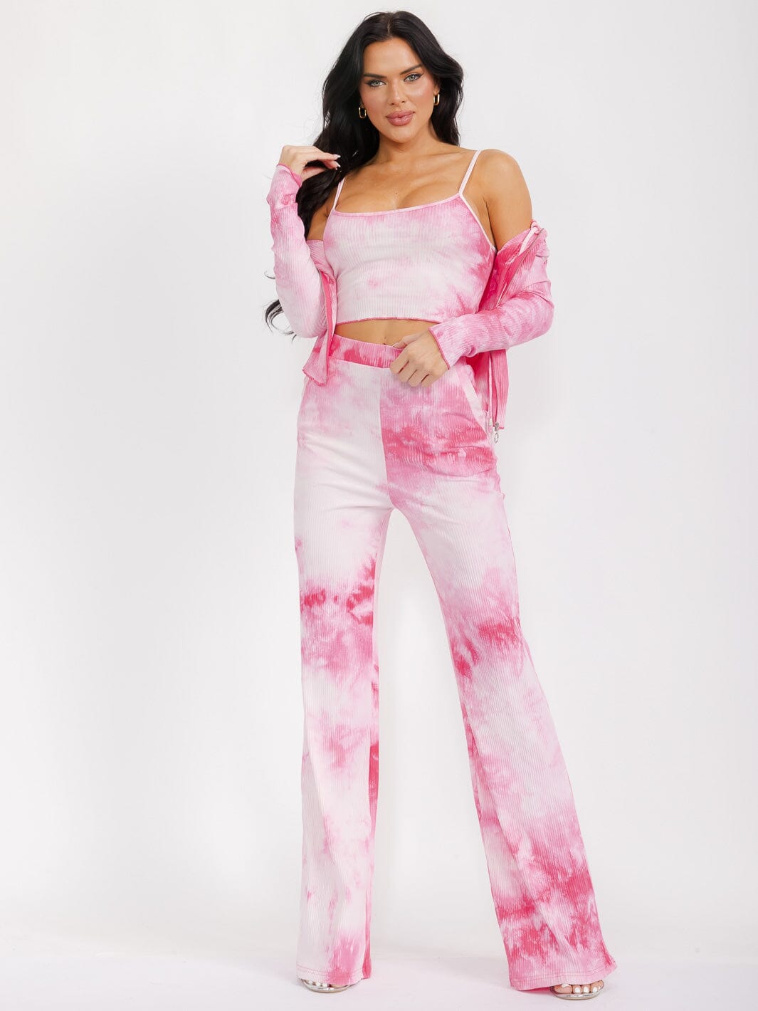 WOMEN'S LONG SLEEVE CARDIGAN WITH CROP TOP & WIDE LEG PANTS TIE DYE 3PC. SET