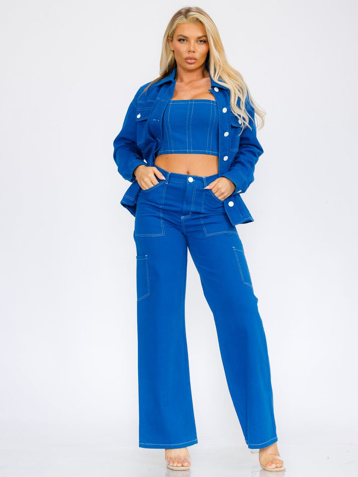 WOMEN'S SLEEVELESS CROP TOP & BUTTON CLOSURE WIDE LEG PANTS DENIM 2PC SET