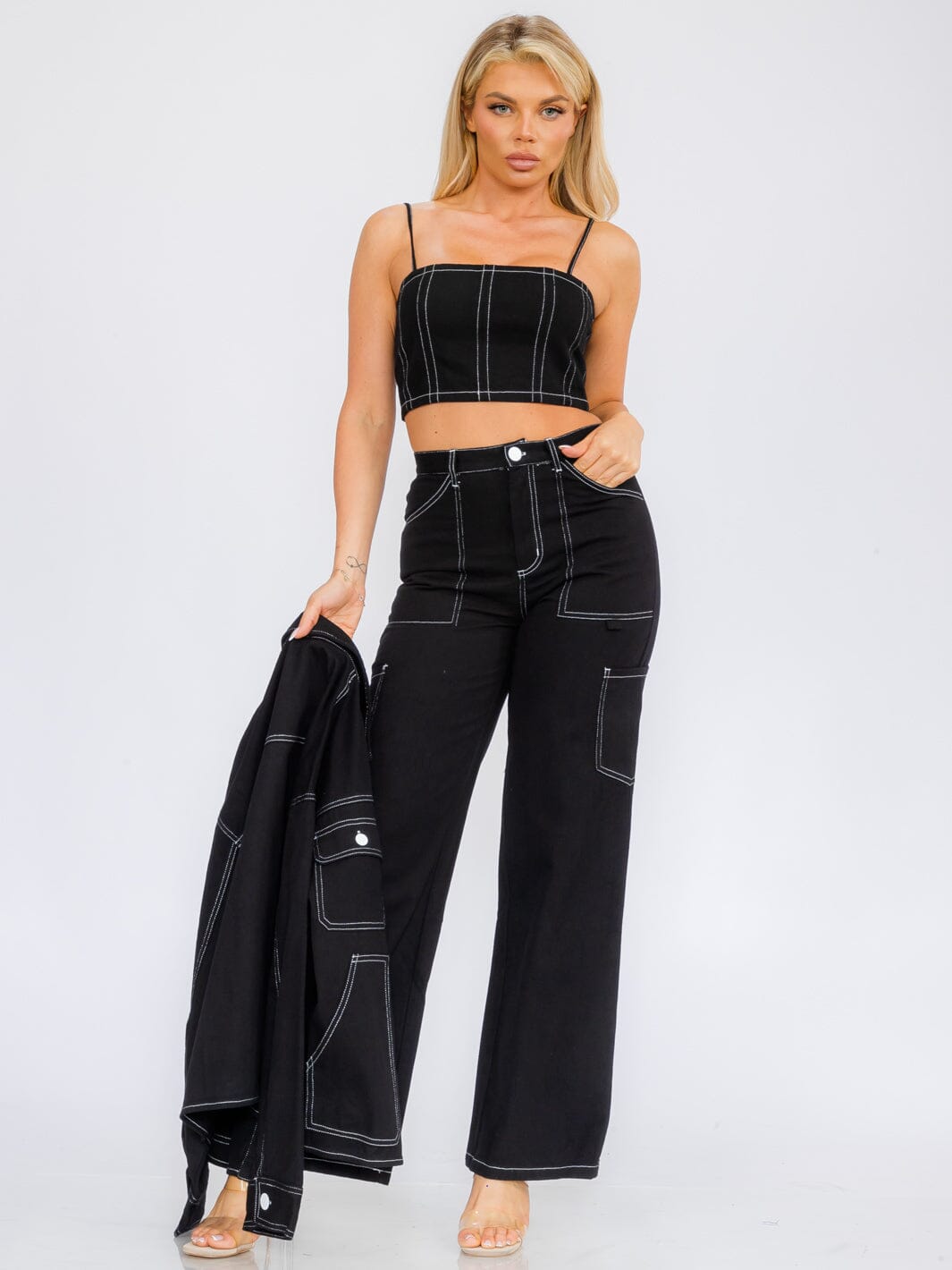 WOMEN'S SLEEVELESS CROP TOP & BUTTON CLOSURE WIDE LEG PANTS DENIM 2PC SET