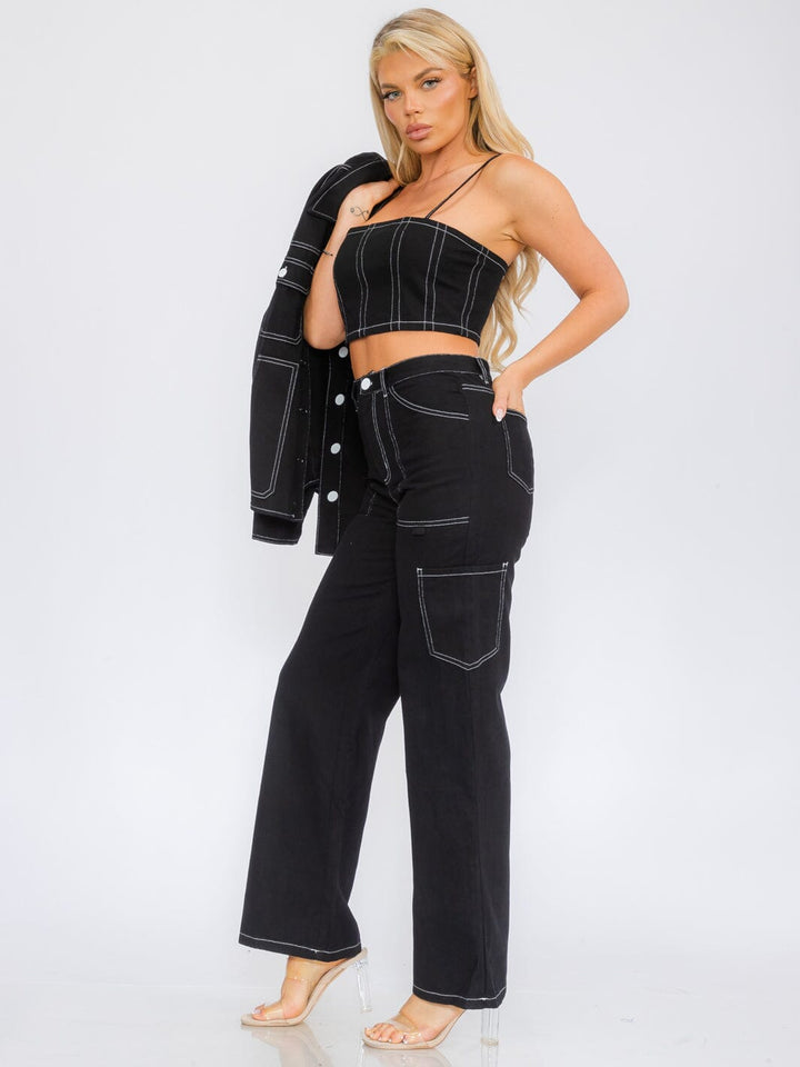 WOMEN'S SLEEVELESS CROP TOP & BUTTON CLOSURE WIDE LEG PANTS DENIM 2PC SET