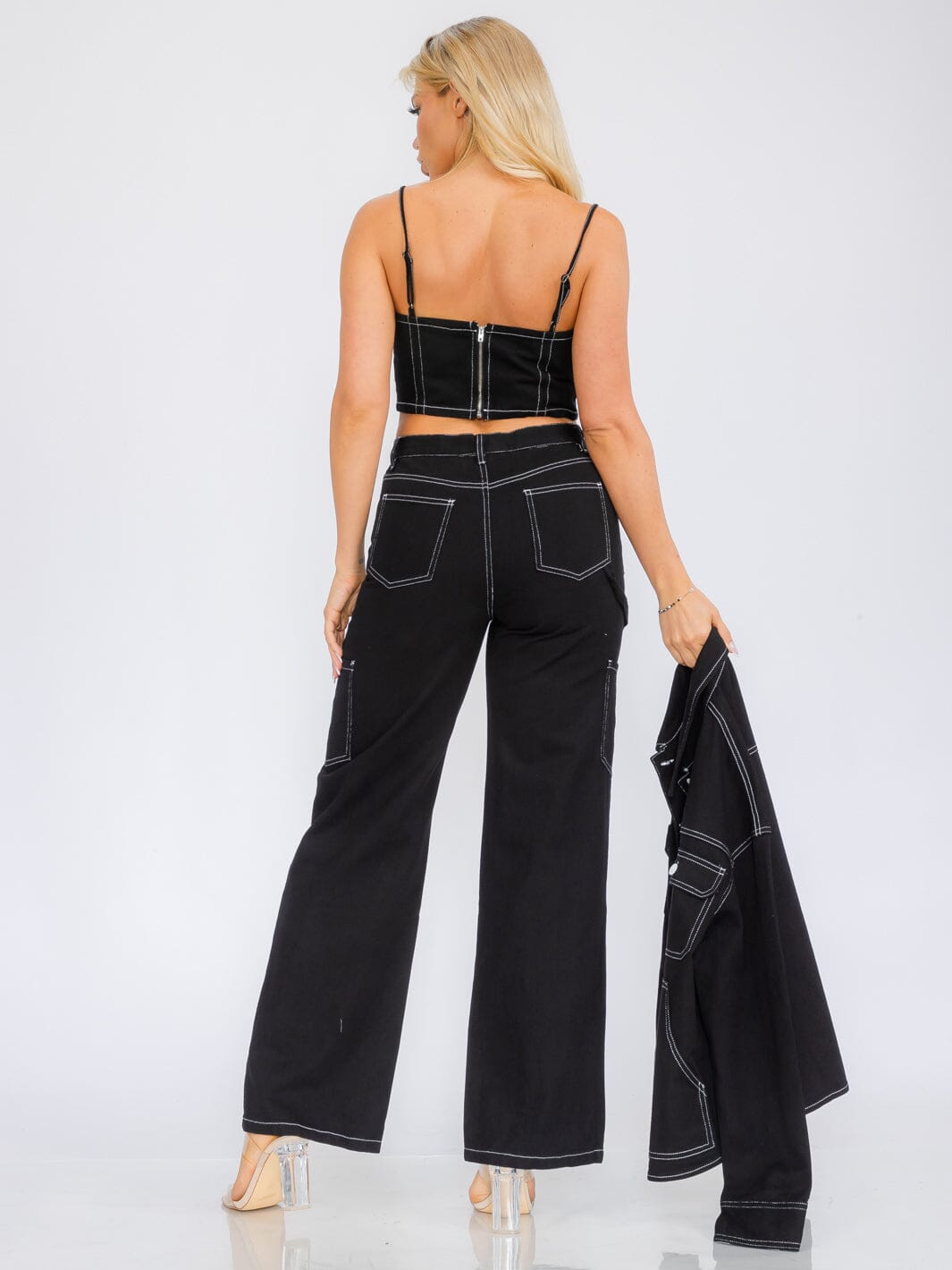 WOMEN'S SLEEVELESS CROP TOP & BUTTON CLOSURE WIDE LEG PANTS DENIM 2PC SET