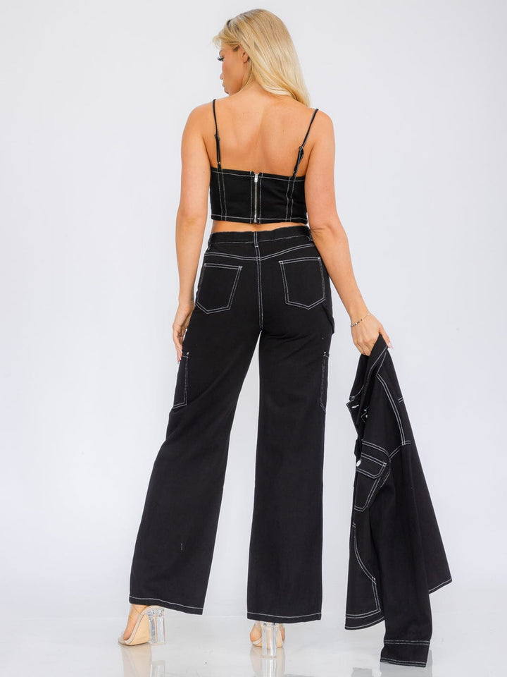 WOMEN'S SLEEVELESS CROP TOP & BUTTON CLOSURE WIDE LEG PANTS DENIM 2PC SET