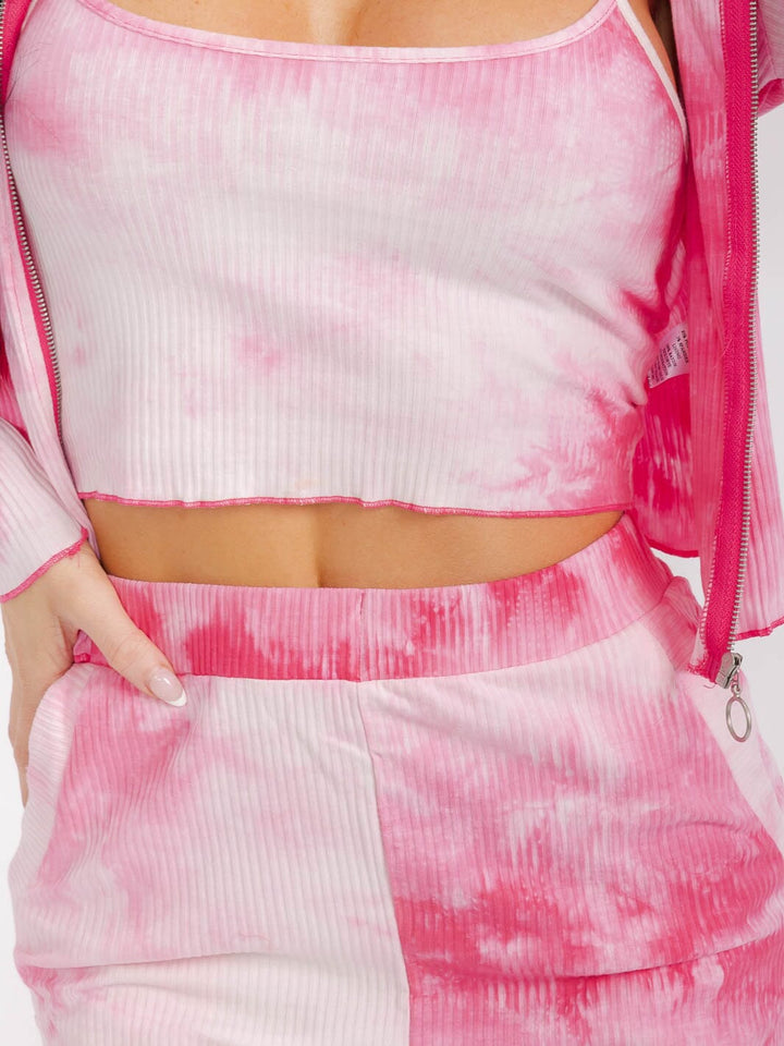 WOMEN'S LONG SLEEVE CARDIGAN WITH CROP TOP & WIDE LEG PANTS TIE DYE 3PC. SET