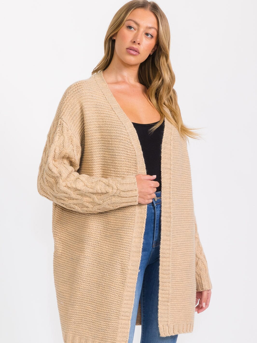 WOMEN'S LONG DETAILED SLEEVE OPEN FRONT CARDIGAN