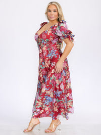 PLUS SIZE SHORT PUFF SLEEVES V-NECK FLORAL MAXI DRESS