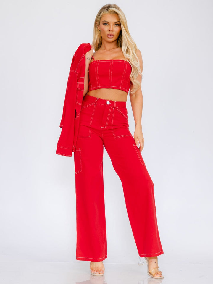 WOMEN'S SLEEVELESS CROP TOP & BUTTON CLOSURE WIDE LEG PANTS DENIM 2PC SET