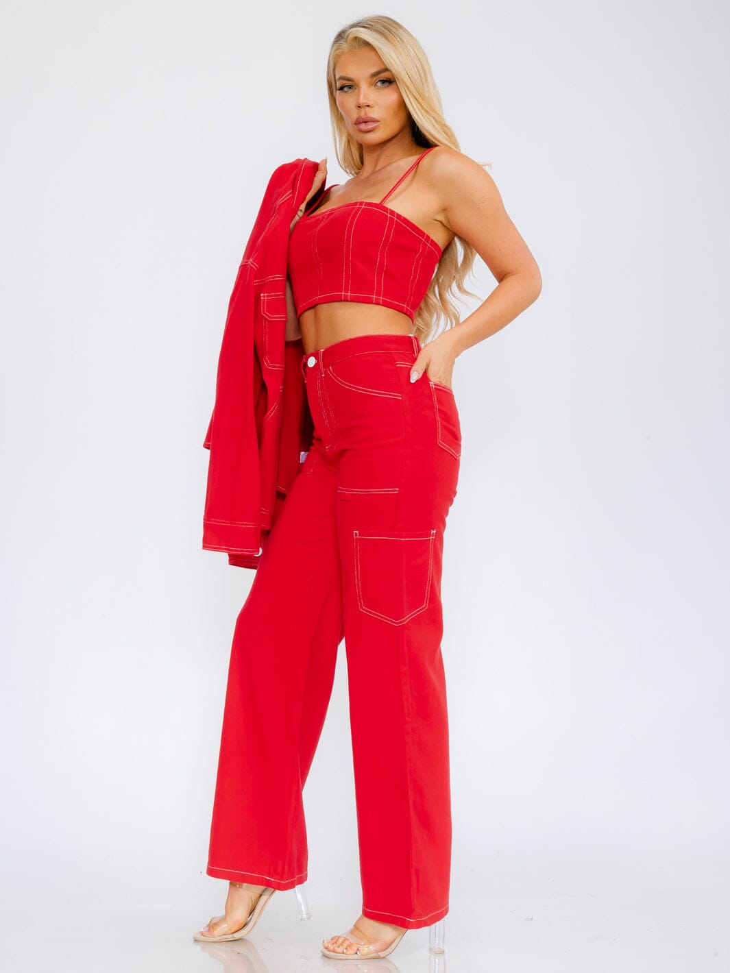 WOMEN'S SLEEVELESS CROP TOP & BUTTON CLOSURE WIDE LEG PANTS DENIM 2PC SET