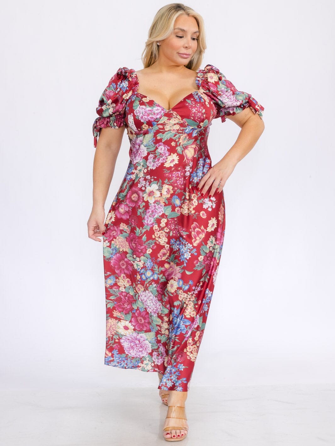PLUS SIZE SHORT PUFF SLEEVES V-NECK FLORAL MAXI DRESS