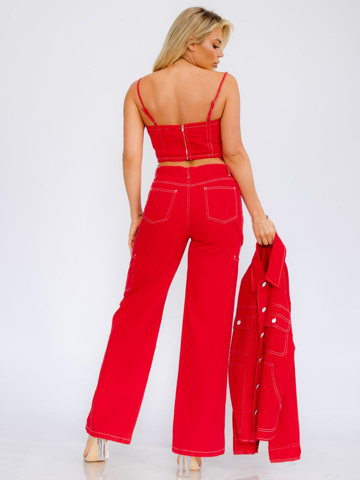 WOMEN'S SLEEVELESS CROP TOP & BUTTON CLOSURE WIDE LEG PANTS DENIM 2PC SET