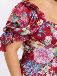 PLUS SIZE SHORT PUFF SLEEVES V-NECK FLORAL MAXI DRESS