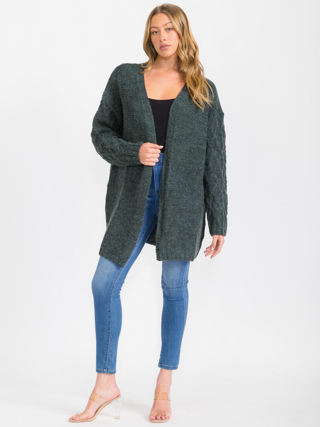 WOMEN'S LONG DETAILED SLEEVE OPEN FRONT CARDIGAN