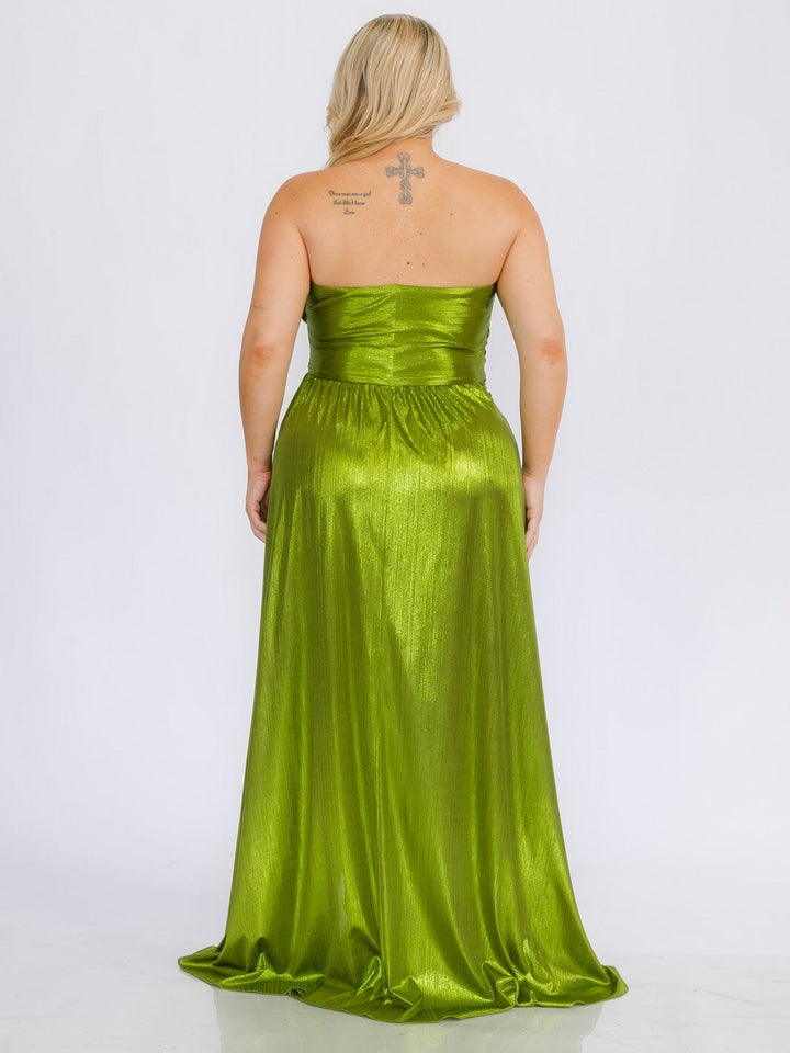 PLUS SIZE SLEEVELESS SURPLICE FRONT SLIT SHIMMER MAXI DRESS