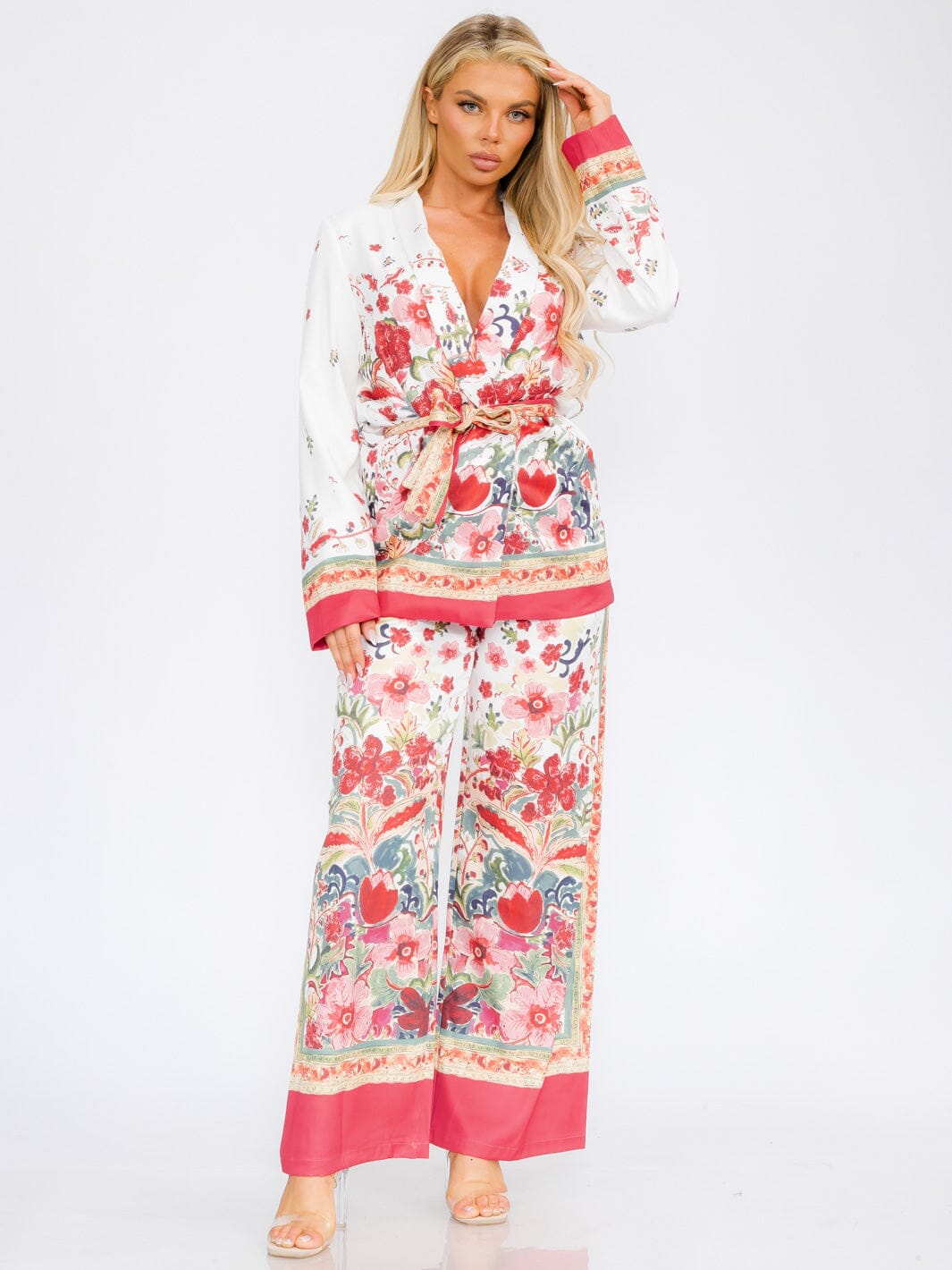 WOMEN'S LONG SLEEVE KIMONO & WIDE LEG PANTS FLORAL 2PC SET
