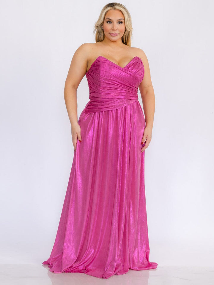 PLUS SIZE SLEEVELESS SURPLICE FRONT SLIT SHIMMER MAXI DRESS