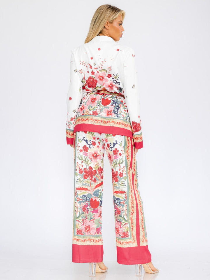 WOMEN'S LONG SLEEVE KIMONO & WIDE LEG PANTS FLORAL 2PC SET