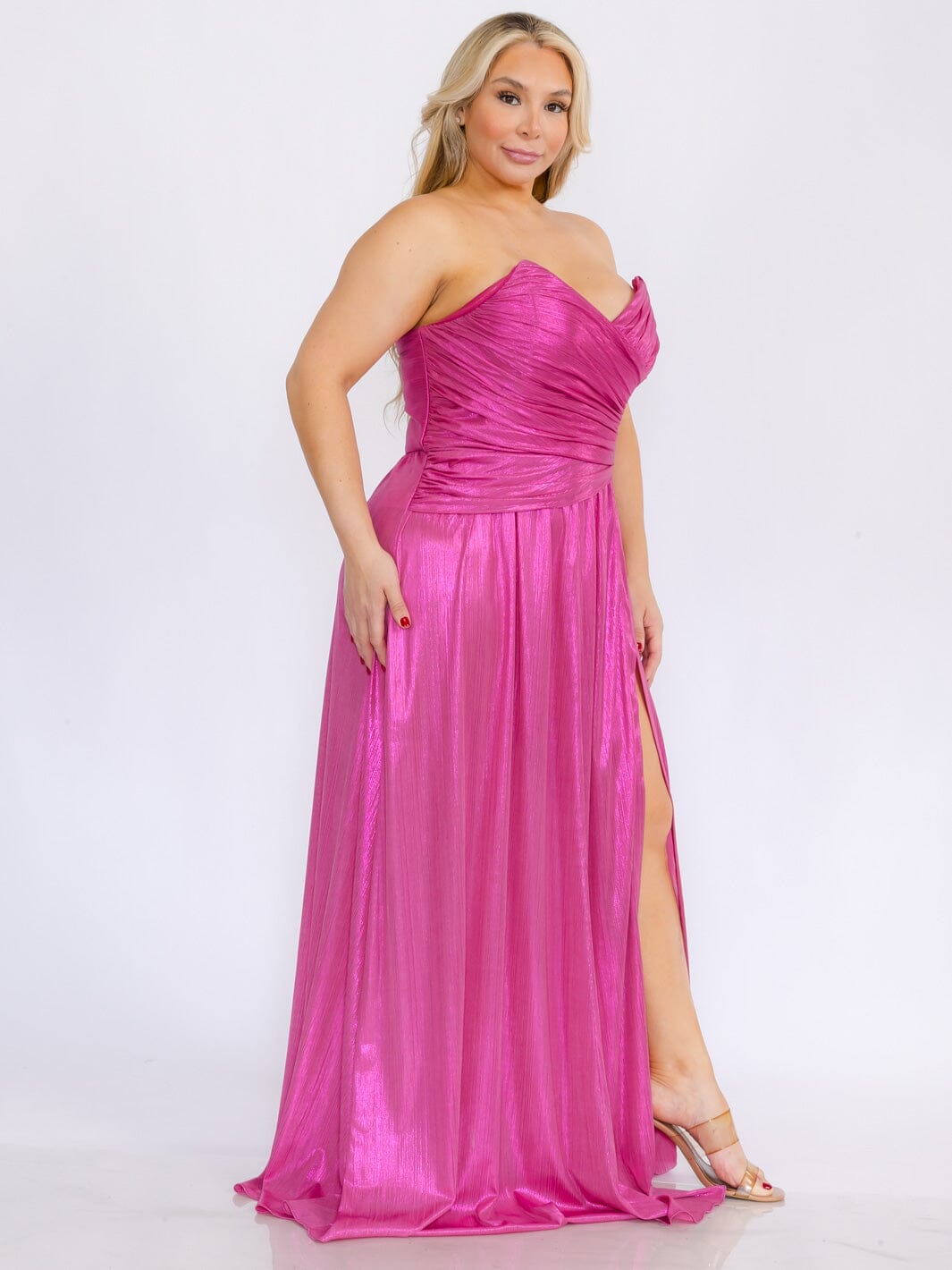 PLUS SIZE SLEEVELESS SURPLICE FRONT SLIT SHIMMER MAXI DRESS