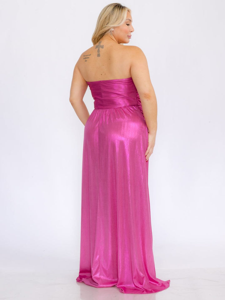 PLUS SIZE SLEEVELESS SURPLICE FRONT SLIT SHIMMER MAXI DRESS