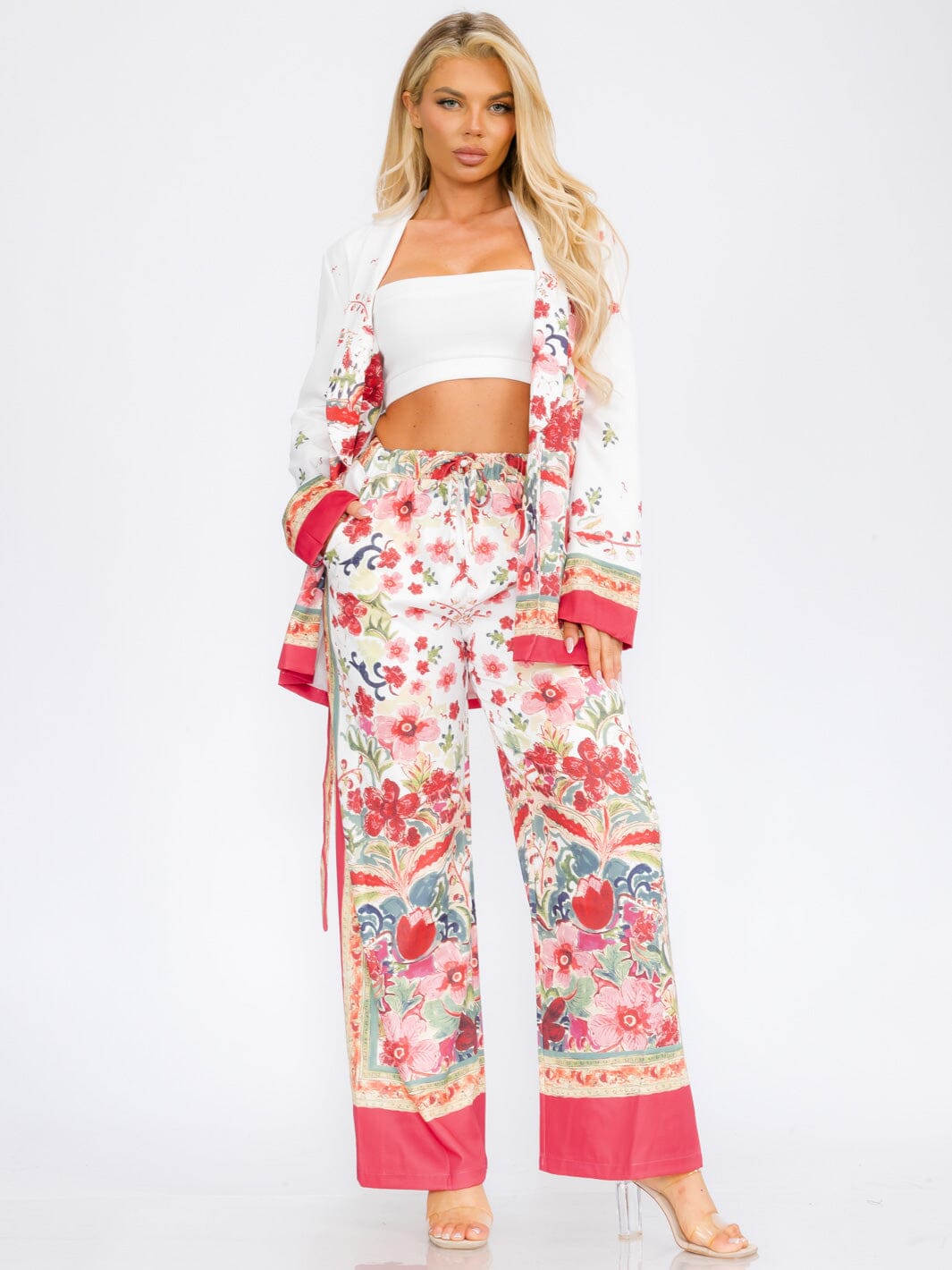 WOMEN'S LONG SLEEVE KIMONO & WIDE LEG PANTS FLORAL 2PC SET