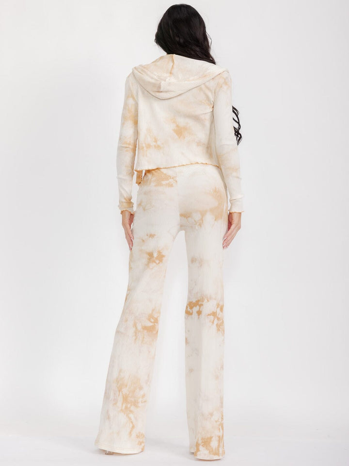 WOMEN'S LONG SLEEVE CARDIGAN WITH CROP TOP & WIDE LEG PANTS TIE DYE 3PC. SET