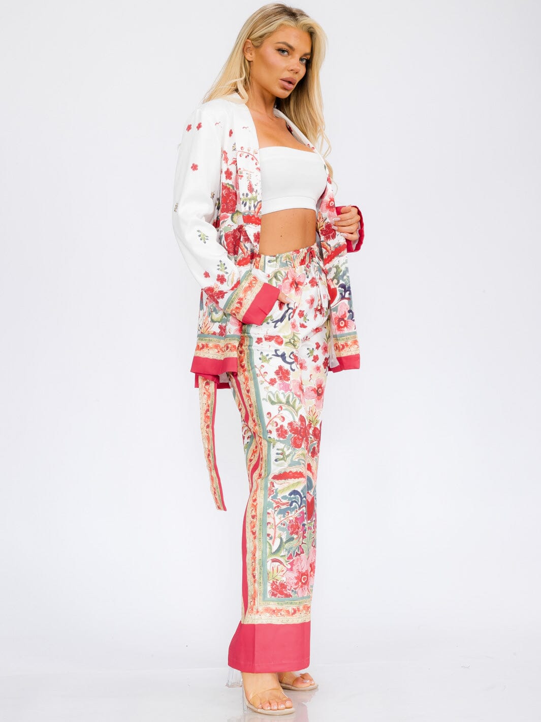 WOMEN'S LONG SLEEVE KIMONO & WIDE LEG PANTS FLORAL 2PC SET