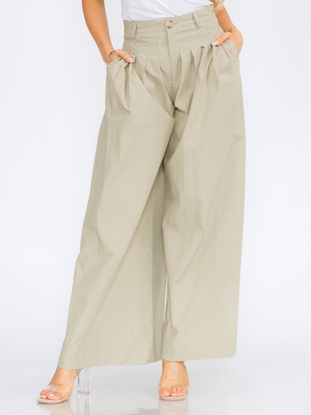 WOMEN'S BUTTON CLOSURE FRONT POCKETS PLEATED PALAZZO PANTS