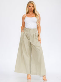WOMEN'S BUTTON CLOSURE FRONT POCKETS PLEATED PALAZZO PANTS
