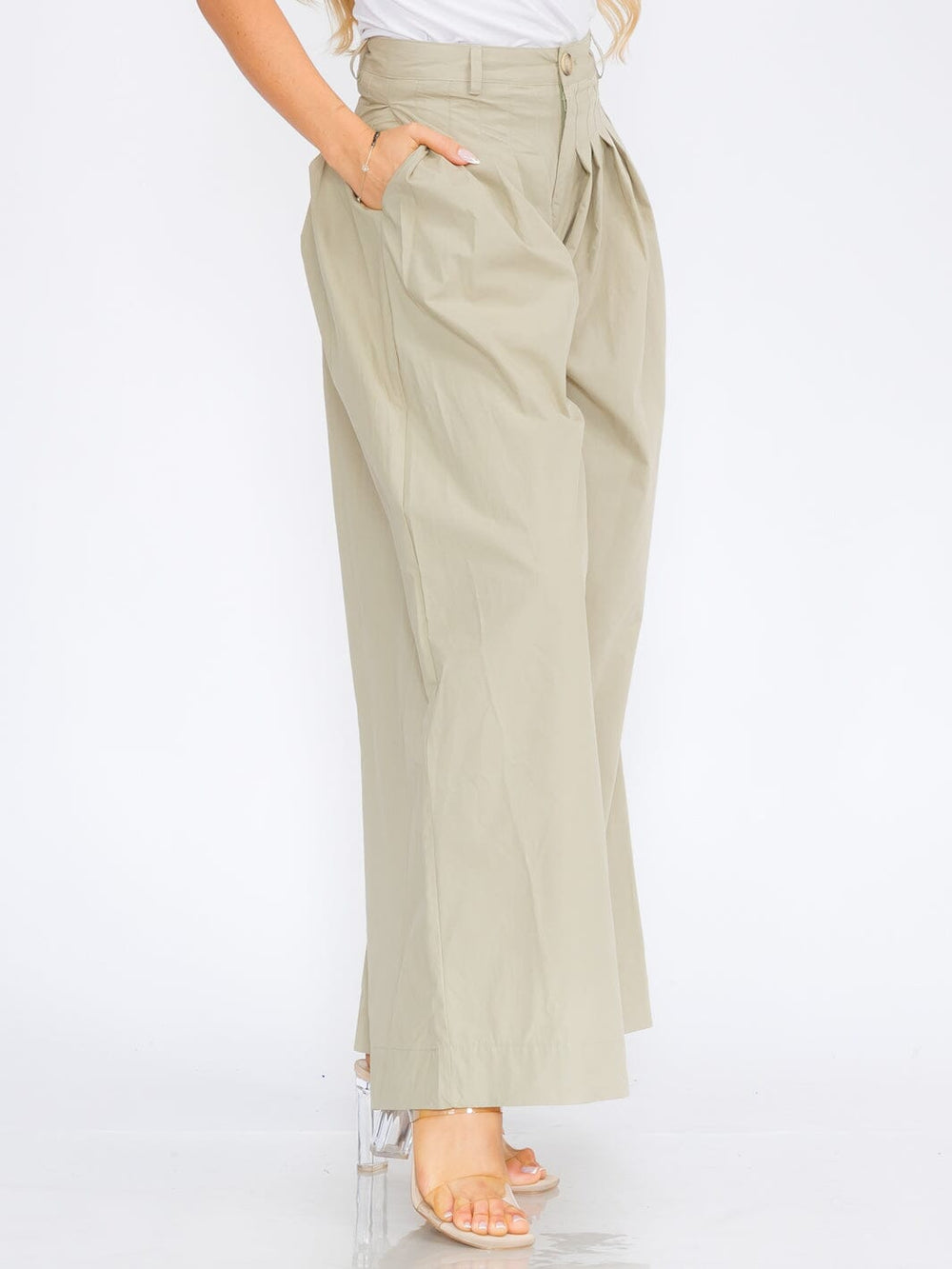WOMEN'S BUTTON CLOSURE FRONT POCKETS PLEATED PALAZZO PANTS