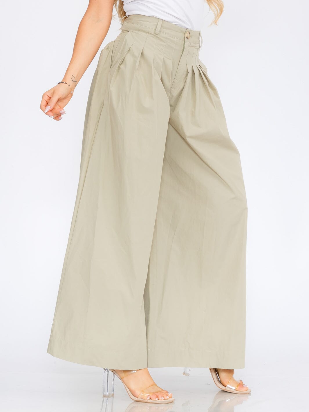 WOMEN'S BUTTON CLOSURE FRONT POCKETS PLEATED PALAZZO PANTS