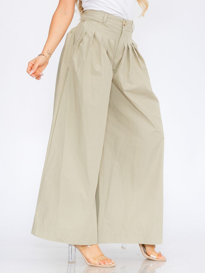 WOMEN'S BUTTON CLOSURE FRONT POCKETS PLEATED PALAZZO PANTS