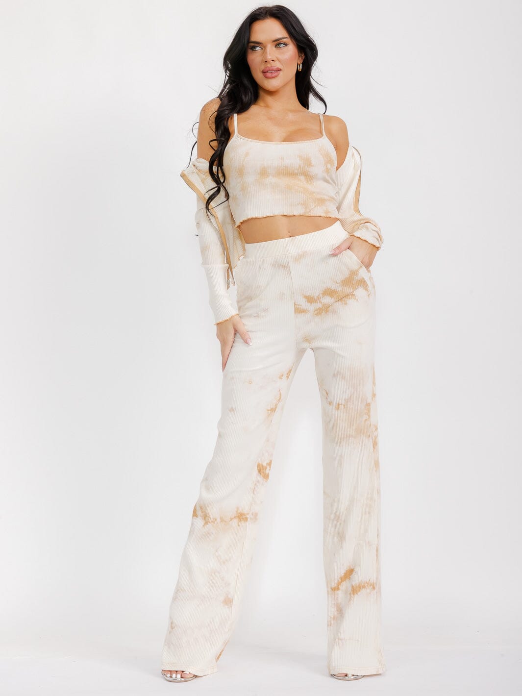 WOMEN'S LONG SLEEVE CARDIGAN WITH CROP TOP & WIDE LEG PANTS TIE DYE 3PC. SET