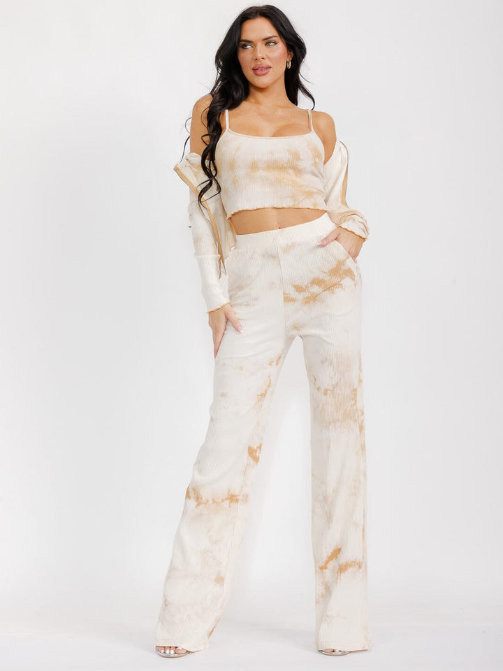 WOMEN'S LONG SLEEVE CARDIGAN WITH CROP TOP & WIDE LEG PANTS TIE DYE 3PC. SET