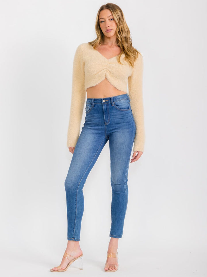WOMEN'S LONG SLEEVES FRONT TWIST FUZZY CROP TOP