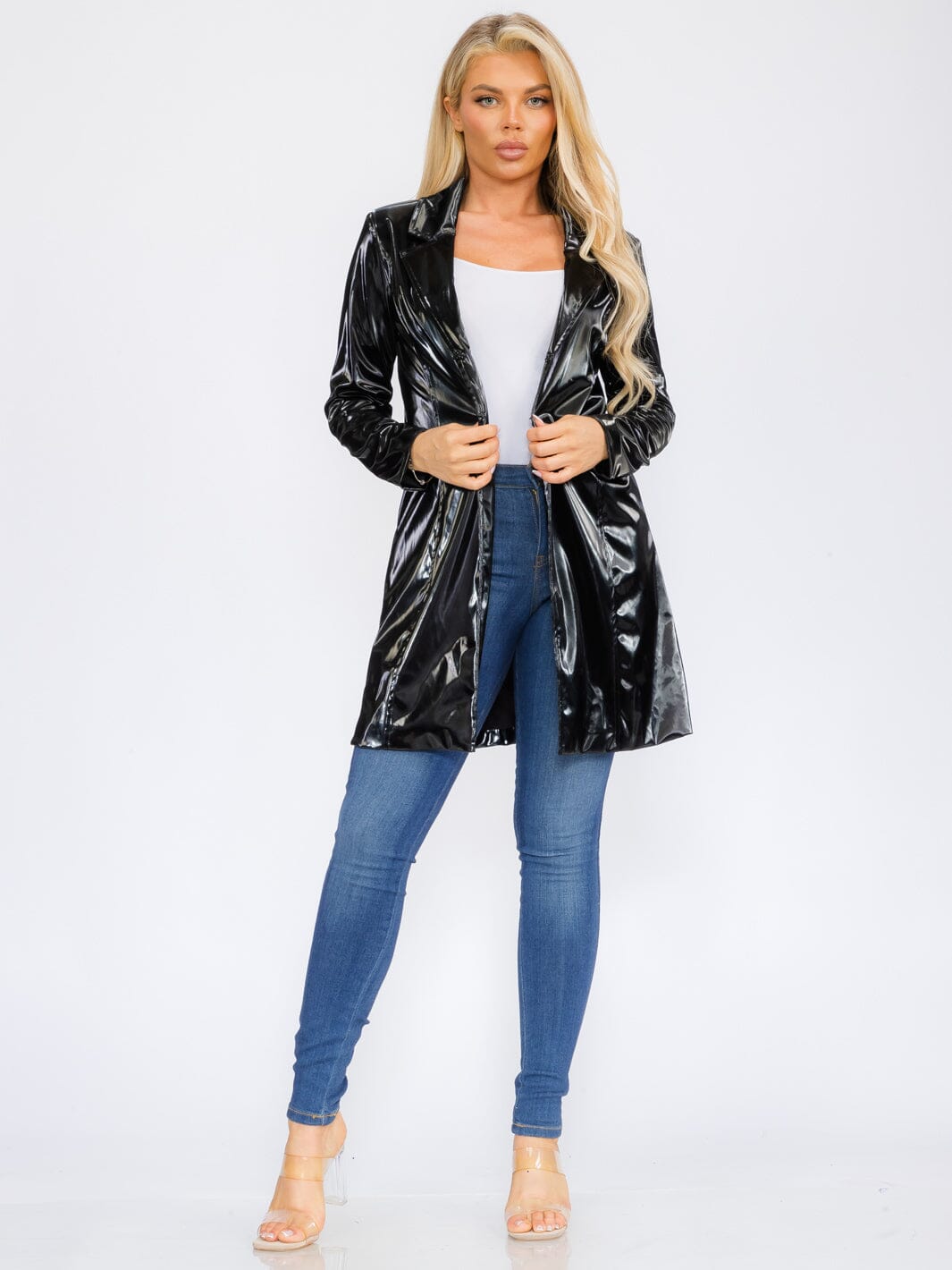 WOMEN'S LONG SLEEVE BUTTON CLOSURE PU PLEATHER COAT