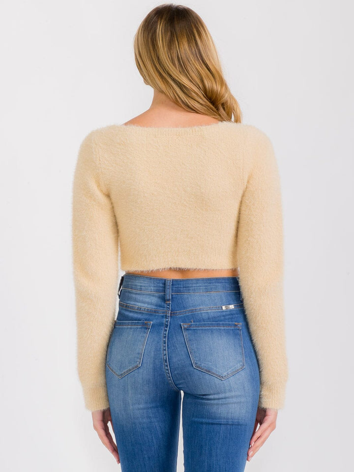 WOMEN'S LONG SLEEVES FRONT TWIST FUZZY CROP TOP
