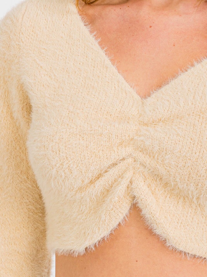 WOMEN'S LONG SLEEVES FRONT TWIST FUZZY CROP TOP