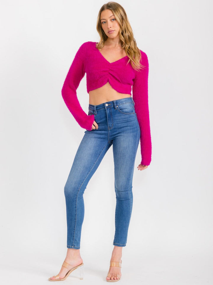 WOMEN'S LONG SLEEVES FRONT TWIST FUZZY CROP TOP