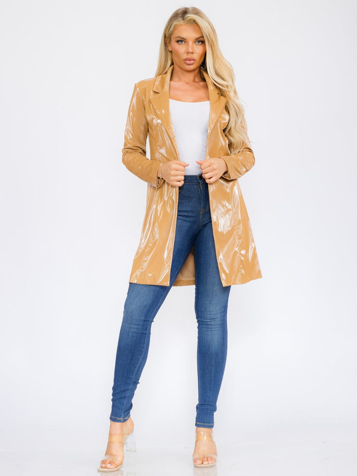 WOMEN'S LONG SLEEVE BUTTON CLOSURE PU PLEATHER COAT