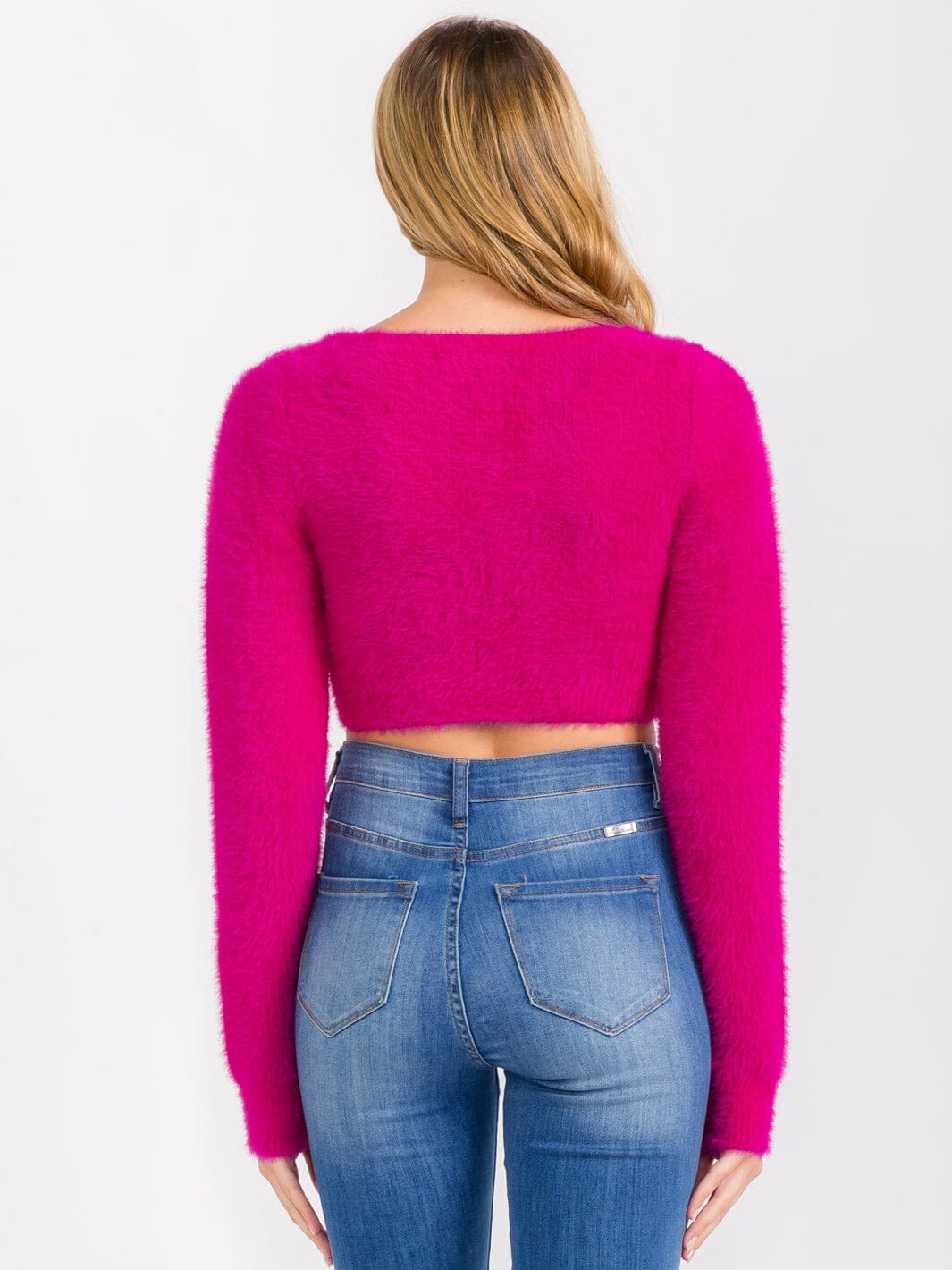 WOMEN'S LONG SLEEVES FRONT TWIST FUZZY CROP TOP