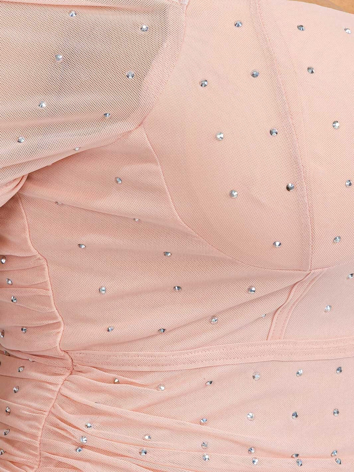 WOMEN'S SHORT SLEEVE RUCHED STUDS DETAILED BODYCON MINI DRESS