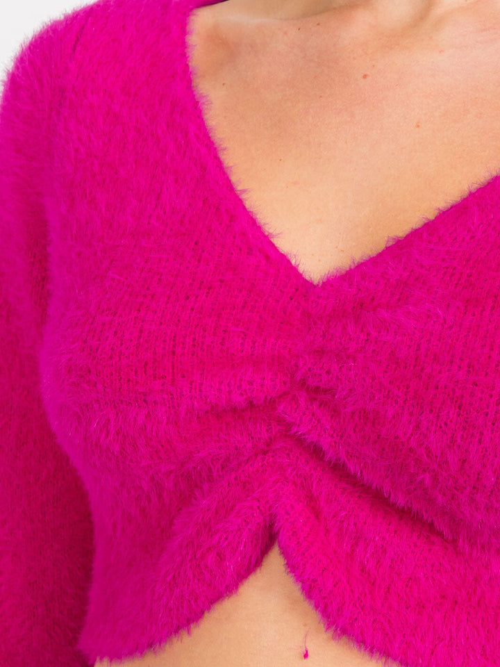 WOMEN'S LONG SLEEVES FRONT TWIST FUZZY CROP TOP