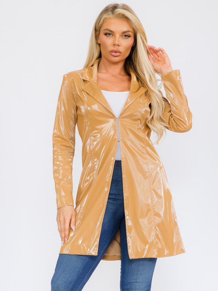 WOMEN'S LONG SLEEVE BUTTON CLOSURE PU PLEATHER COAT