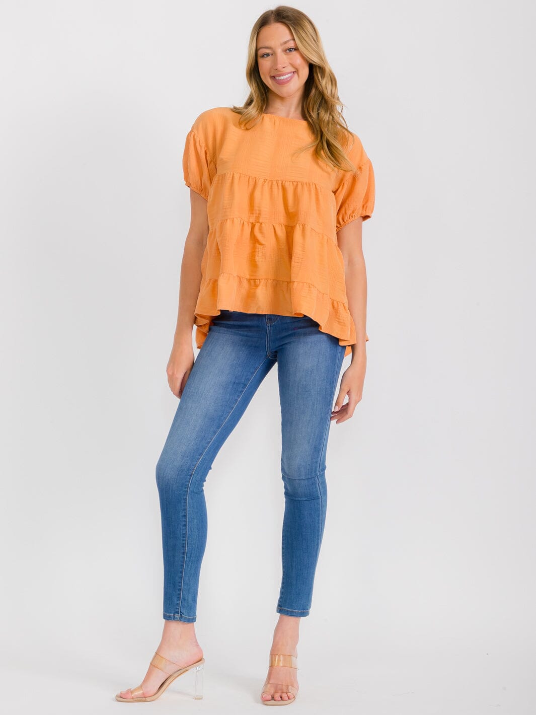 WOMEN'S SHORT SLEEVES TIERED HIGH-LOW LOOSE FIT TUNIC BLOUSE