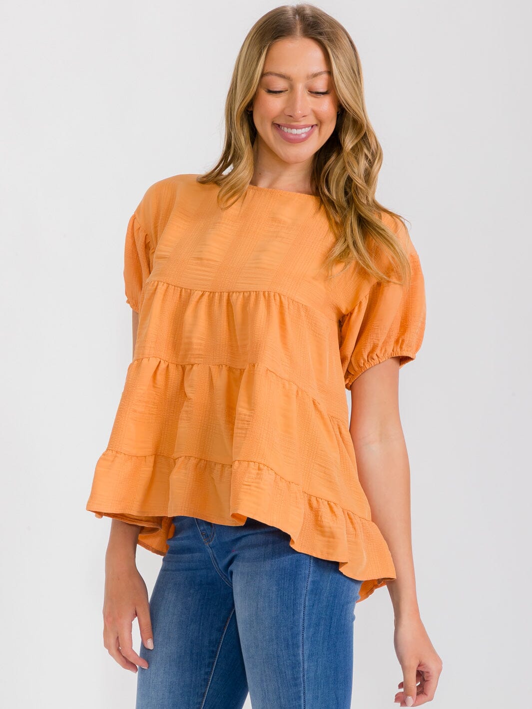 WOMEN'S SHORT SLEEVES TIERED HIGH-LOW LOOSE FIT TUNIC BLOUSE
