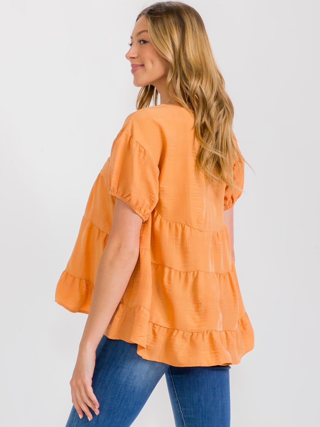 WOMEN'S SHORT SLEEVES TIERED HIGH-LOW LOOSE FIT TUNIC BLOUSE