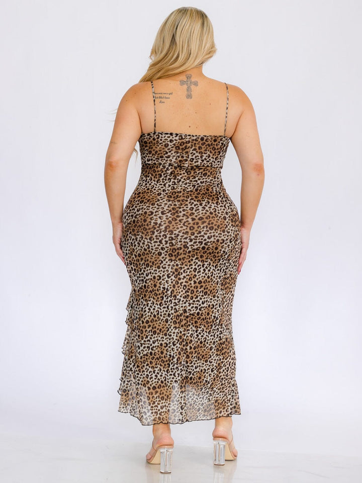 PLUS SIZE SLEEVEVESS FRONT SLIT ANIMAL PRINT MAXI DRESS