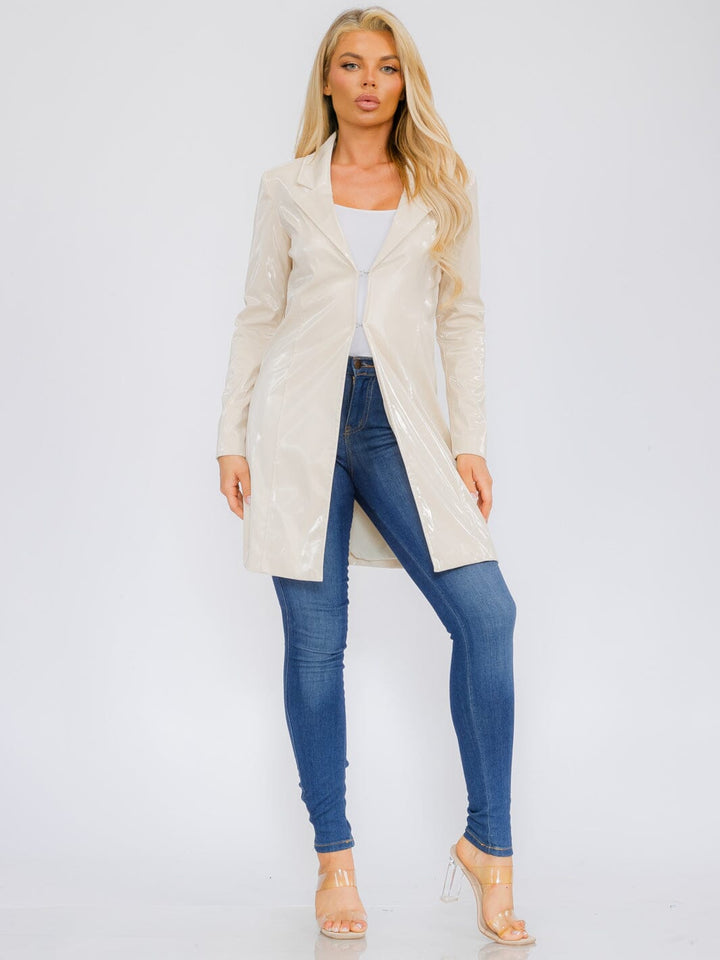 WOMEN'S LONG SLEEVE BUTTON CLOSURE PU PLEATHER COAT